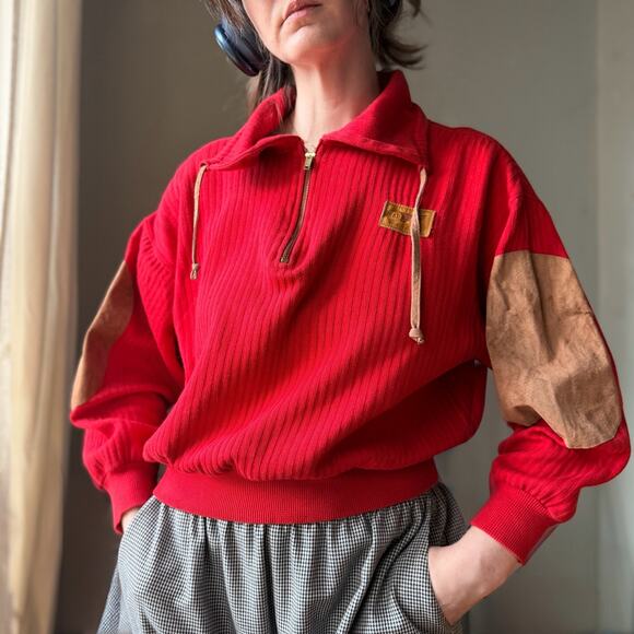 Vintage Sweaters - Vintage 80s Kennedy Red Cropped Knit Pullover | Preppy Eclectic Grandpa | M/L